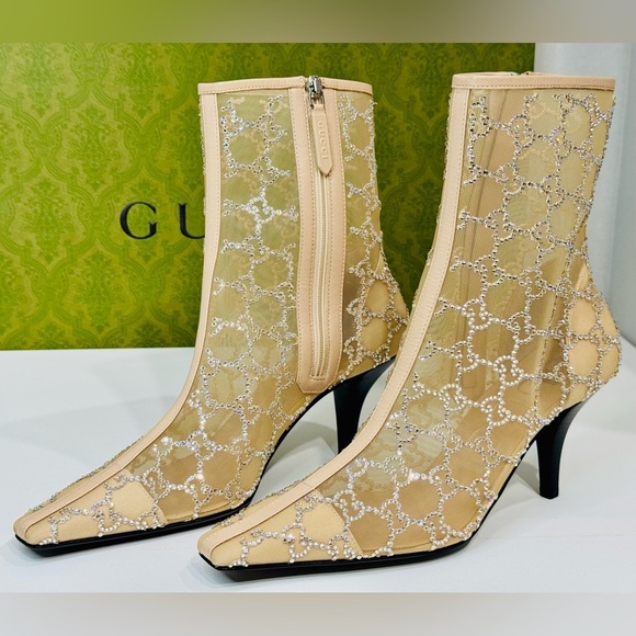 New! Gucci Demi Crystal Mesh Ankle Boots Beige Mid Heel Size EU-38.5 RETAIL$2950 - Picture 6 of 15